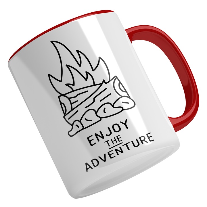 Cana Cu Mesaj Enjoy The Adventure, Foc De Tabara, Calea Printre Munti, Zona Montana, Aventura, Cadou Pentru Iubitorii De Explorari, 330 ml, Maner Rosu