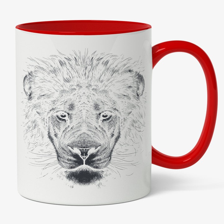 Cana Cu Portret Urs, Desen In Creion, Animal Salbatic, Negru, Padaure, Cadou Pentru Iubitorii De Natura, 330 ml, Maner Rosu