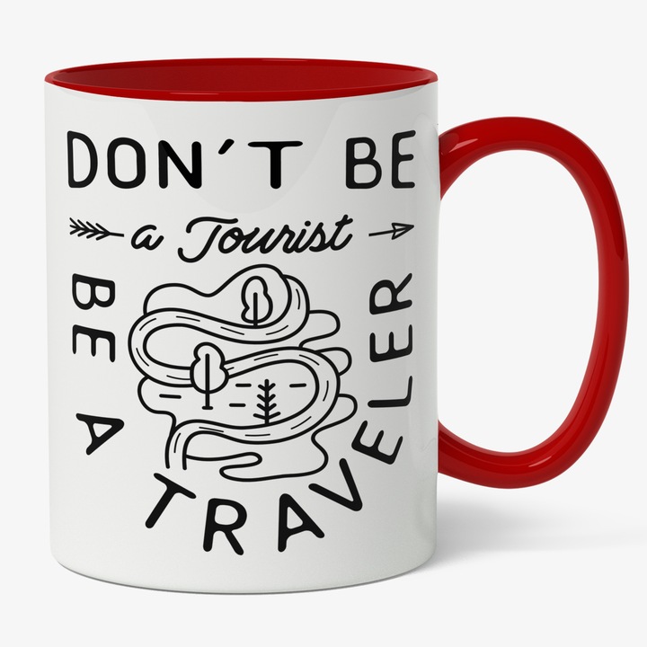 Cana Cu Don't Be A Tourit Be A Traveler, Text In Engleza, Calea Printre Munti, Zona Montana, Aventura, Cadou Pentru Iubitorii De Calatorii, Negru 330 ml, Maner Rosu