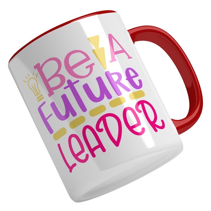 Cana Cu Mesaj Motivational Be A Future Leader, Un Nou Inceput, Incredere De Sine, Confidance, Self Love, Cadou Pentru Iubitorii De Incredere, Multicolor, 330 ml, Maner Rosu