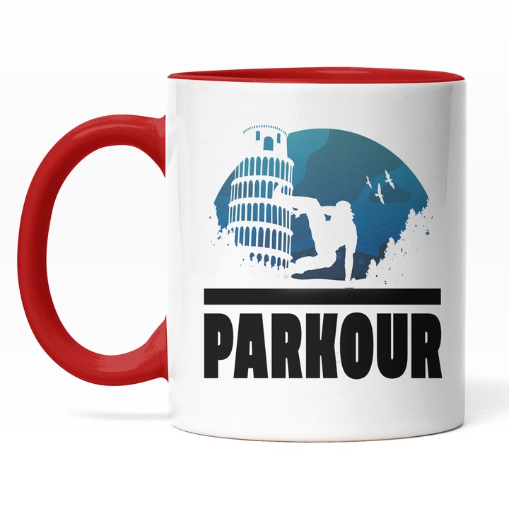 Cana Cu Mesaj Parkour, Iubitorii De Adrenalina, Turnul Inclinat Din Pissa, Activitatii Periculoase, Cadou Pentru Iubitorii De Parkour, Multicolor, 330 ml, Maner Rosu