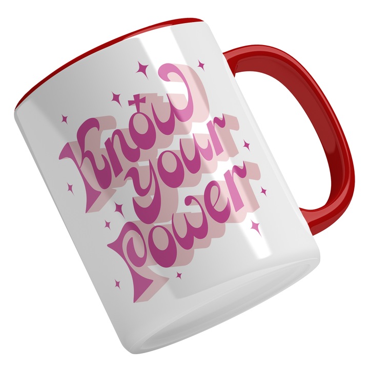 Cana Text Blur Motivational Know Your Power Roz, Stele, Confidance, Self Love, Cadou Pentru Cei Fara Motivatie, Roz, 330 ml, Maner Rosu