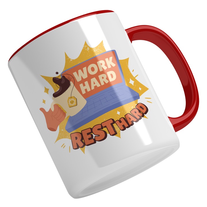 Cana Cu Mesaj Motivational Work Hard Rest Harder, Laptop, Incredere De Sine, Confidance, Self Love, Cadou Pentru Iubitorii De Incredere, Negru, 330 ml, Maner Rosu