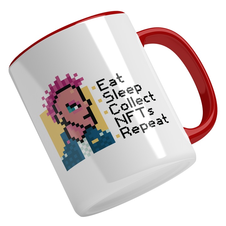 Cana Cu Mesaj Haios Eat Sleep Collet NFTs Reapeat, Baiat Pixelat Coama Roz, Investitii Online, Monede Virtuale, Cadou Pentru Iubitorii De NFTs, Multicolor, 330 ml, Maner Rosu