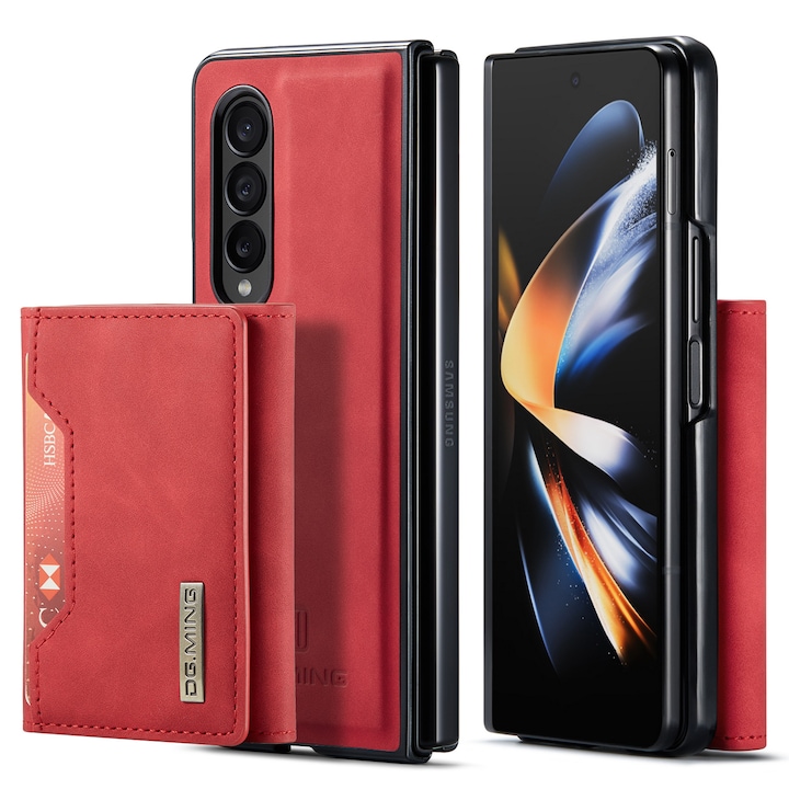 Калъф за Samsung Galaxy Z Fold4, CaseMe, кожа с фина текстура, back cover, подвижен портфейл с джобове за банкноти и карти, функция за стойка, Червено