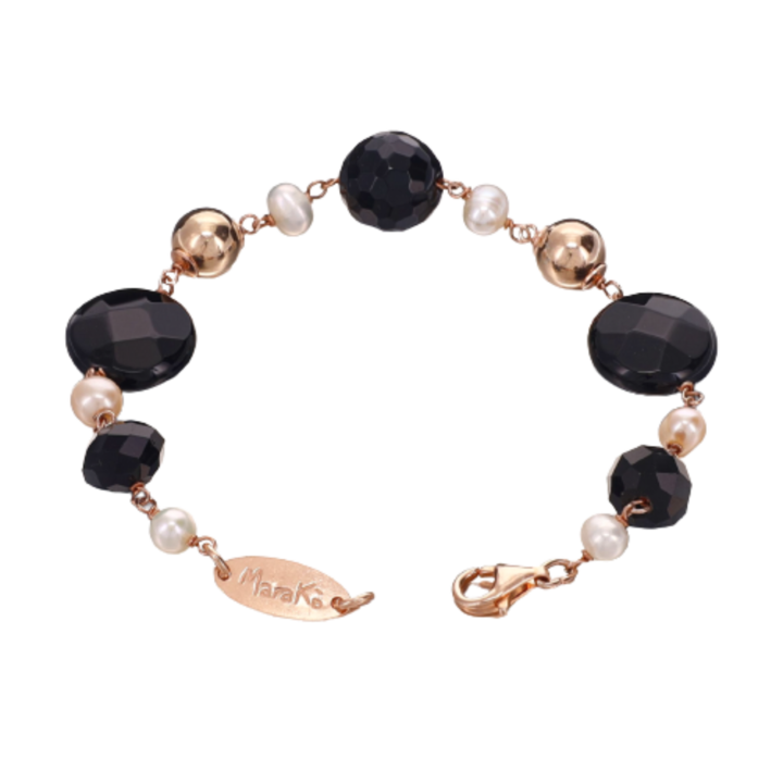 Bratara Style, din agat, perle de cultura si argint placat cu aur, 21 cm