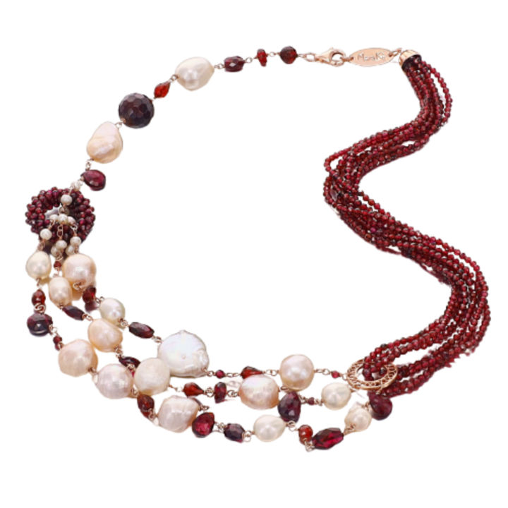 Гламурно колие, изработено от гранат, бели култивирани перли, розово и сребърно покритие с розово злато, 50 см.