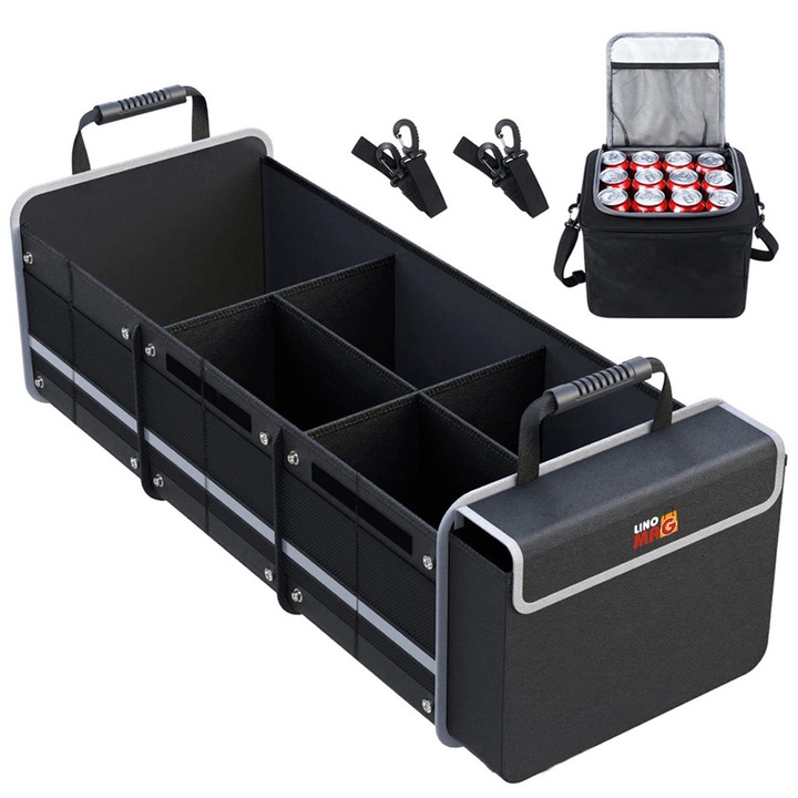 Органайзер за багажник + Термо чанта, Linomag®, Сгъваем на 2 или 3 отделения, Черен, Размер 90 x 35 x 30 cm