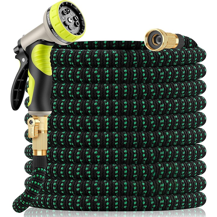 Kihúzható kerti tömlő, poliészter, 15 m, zöld/fekete