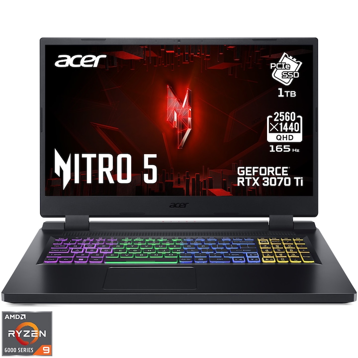 Лаптоп Gaming Acer Nitro 5 AN517-42, AMD Ryzen™ 9 6900HX, 17.3", QHD, 165Hz, 32GB, 1TB SSD, NVIDIA® GeForce® RTX™ 3070 Ti 8GB, No OS, Black
