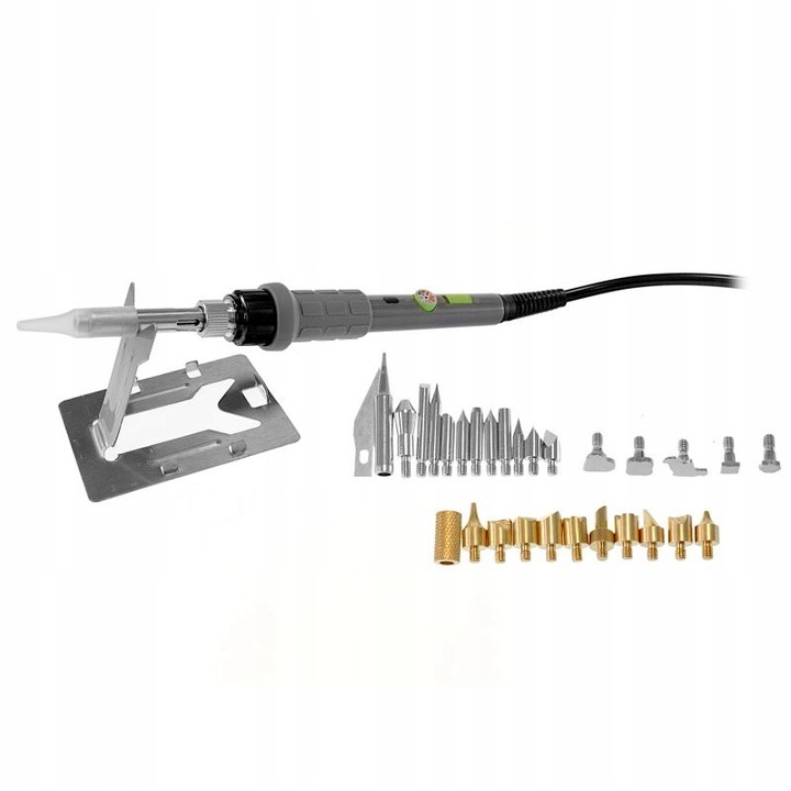 Set Pirograf Pentru Arderea Lemnului Cu 28 De Varfuri, Yihua, 947-Iii, Putere 60 W, Interval De Reglare A Temperaturii 220-450 °C, Varfuri Interschimbabile, Maner Confortabil Cu Antiderapant, Calitate Inalta A Executiei, Gri