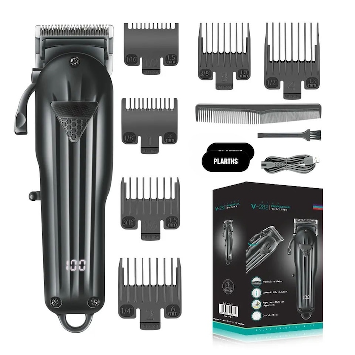 Masina de tuns profesionala cu acumulator, VGR V-282, afisaj LED, 6 gratare 1.5mm - 13mm, Negru