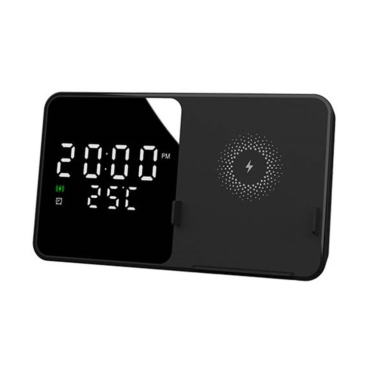 SIKS 2 az 1-ben ébresztőóra vezeték nélküli töltéssel, W5 modell, hőmérséklet-kijelző, fekete