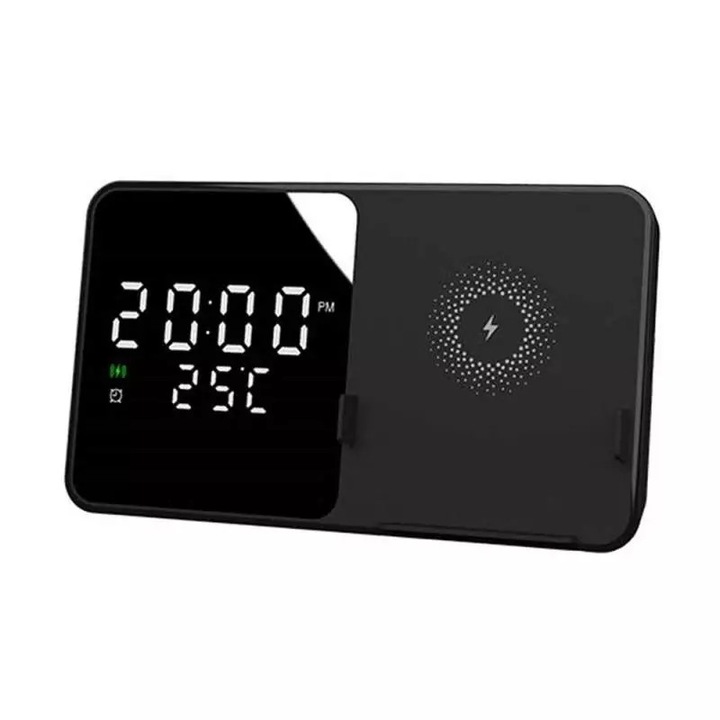 Ceas Desteptator 2 in 1 SIKS cu Incarcare Wireless Model W5, Afisaj Temperatura, Negru