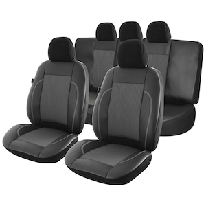 Set huse scaune auto Smartic®, Leather Lux S04, 11 piese, compatibile cu airbag, rabatabile, 3 straturi de material, negru