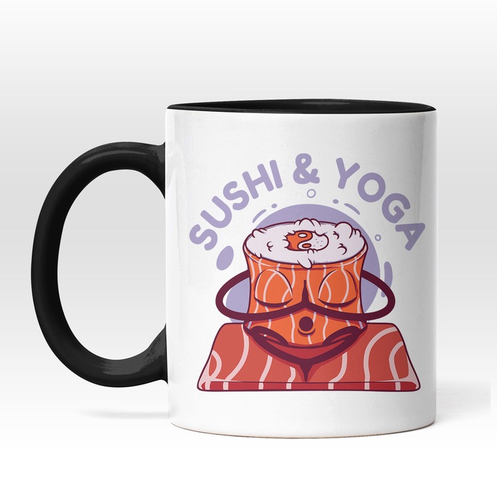 Cana Cu Mesaj Sushi&Yoga, Sushi Care Face Yoga, Relaxae, Buddha, Iubitorii De Yoga, Multicolor, 330 ml, Maner Negru