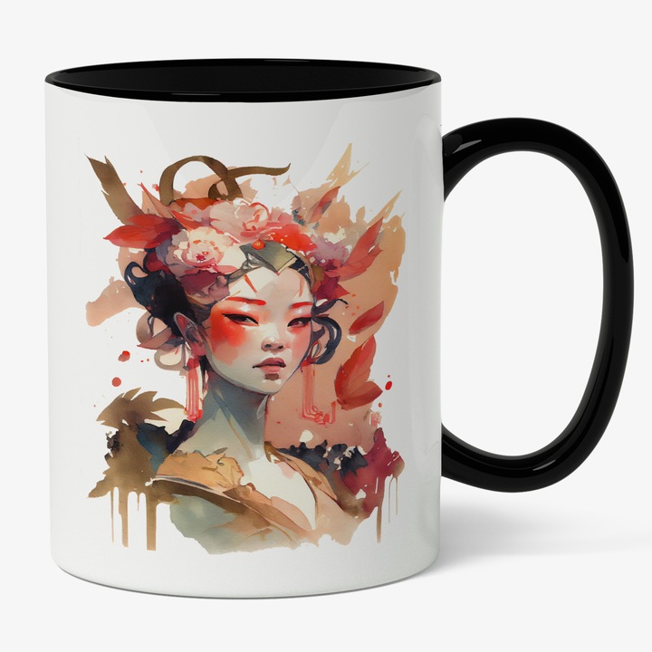 Cana Cu Portret Zeita Frumusetii Asiatice, Costum Traditional, Iubitorii De Anime, Multicolor, 330 ml, Maner Negru