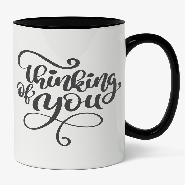 Cana Cu Mesaj Romatic Thinking Of You, Partener, Valentine's Day, Dragobete, Negru, 330 ml, Maner Negru