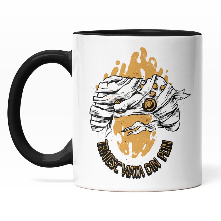 Cana Cu Mesaj Traiesc Viata Din Plin, Maneta Video Games, Gameri, Flacari, Portocaliu, Negru, 330 ml, Maner Negru