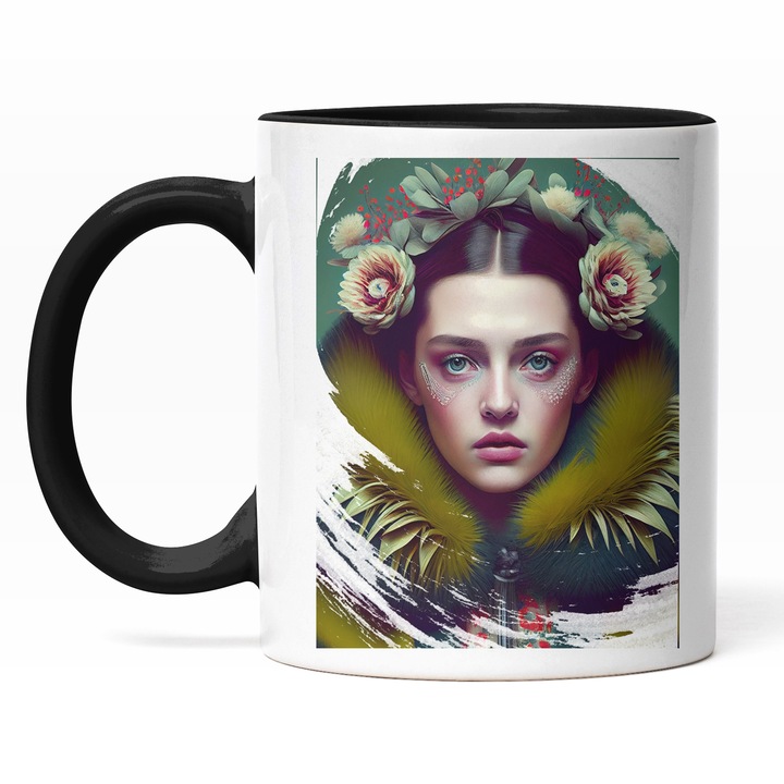 Cana Portret Femeie Haina De Blana Verde, Flori Verzi Pe Cap, Par Brunet, Ochii Albastri, Multicolor 330 ml, Maner Negru