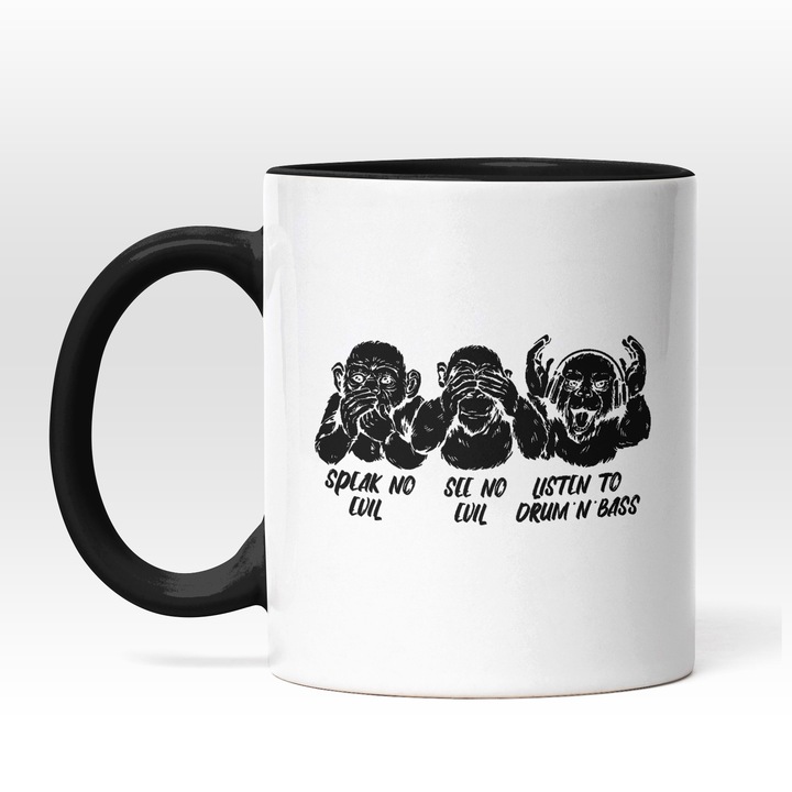 Cana Cu Mesajul Speak No Evil See No Evil Listen To Drum'N'Bas, Trei Maimute Emoji, Text In Engleza, Iubitorii De Muzica, Negru, 330 ml, Maner Negru