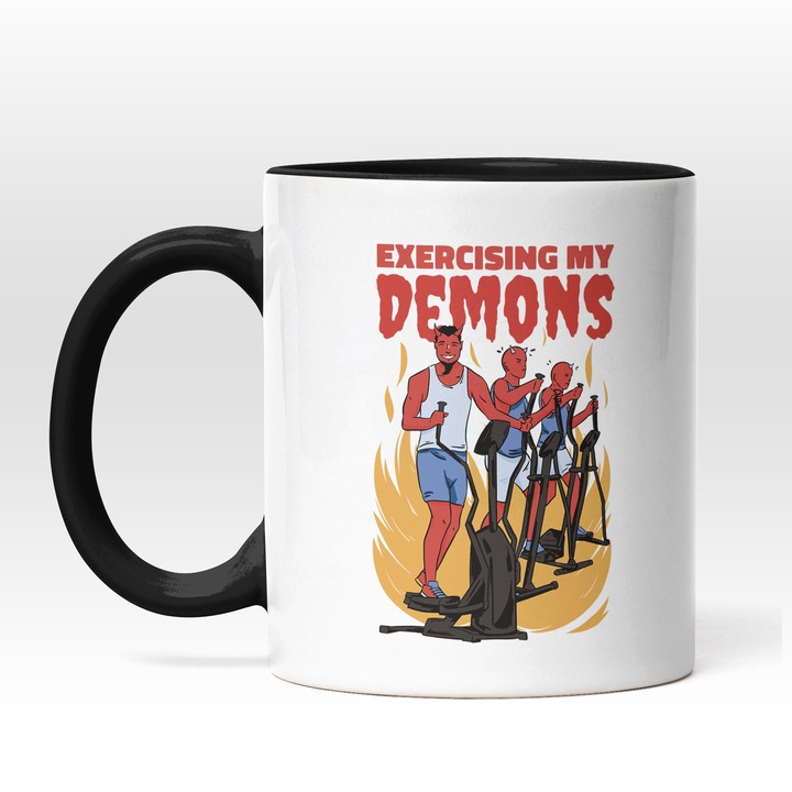 Bögre angol nyelvű üzenettel Exercising My Demons, Sala In Flames, Edzőterem, Fitness, Sportok szerelmesei, Többszínű, 330 ml, Fekete fogantyú