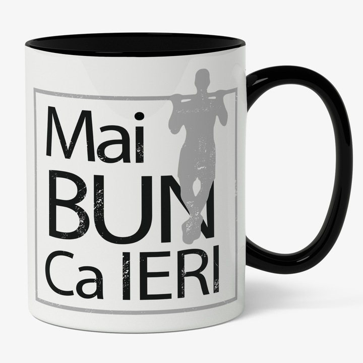 Cana Cu Mesaj Motivational Mai Bun Ca Ieri, Gym, Nou Inceput, Motivational, Fitness, Gri, Investitii, Multicolor, 330 ml, Maner Negru