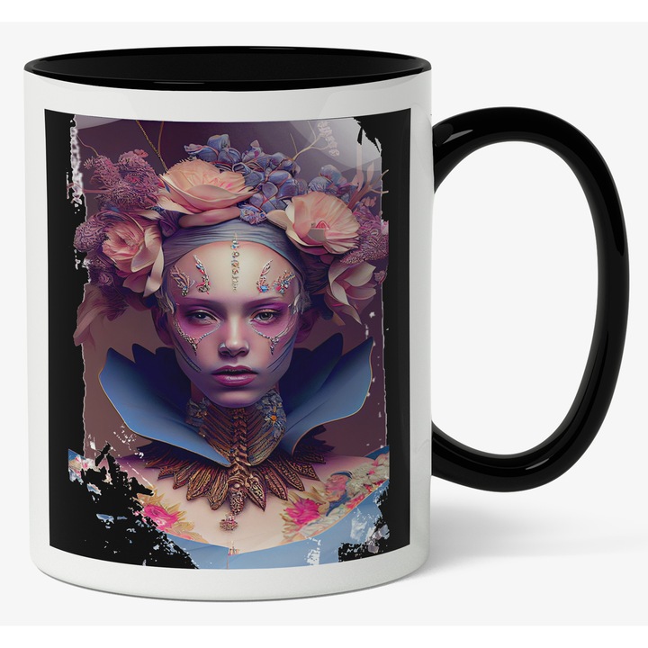 Cana Cu Portret Zeita Floriilor, Tinuta Bizara, Make Up Abstract, Flori Roz, Multicolor, 330 ml, Maner Negru