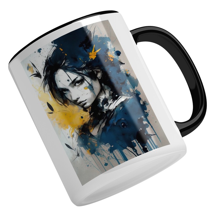 Cana Cu Portret Fata Parul Lung, Fii Puternic, Fluturi Zbrand, Galben, Negru, 330 ml, Maner Negru