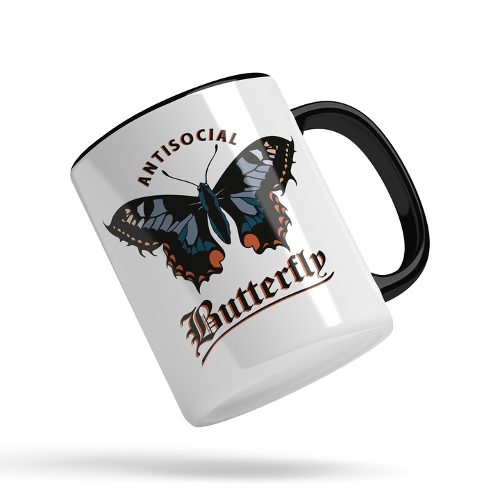 Cana Cu Mesajul Antisocial Butterfly, Fluture Liber, Multicolor, Iubitorii De Flutuiri, 330 ml, Maner Negru
