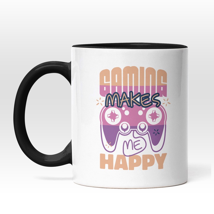 Cana Cu Mesajul Gaming Makes Me Happy, Text In Engleza, Maneta Play Station, Iubitorii De Jocuri Video, Multicolor, 330 ml, Maner Negru