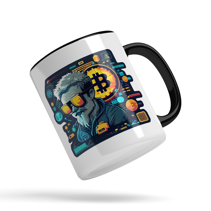 Cana Cu Hacker Cu Ochelari Bitcoin, Simbol Bitcoin, Monede Virtuale, Crypto, Iubitorii De Investitii, 330 ml, Maner Negru