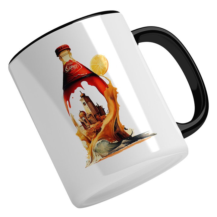 Cana Cu Pictura Sticla Sil Coca Cola, Priveliste Turnuri Stil Ciuperca, Valurile Marii, Multicolor, 330 ml, Maner Negru