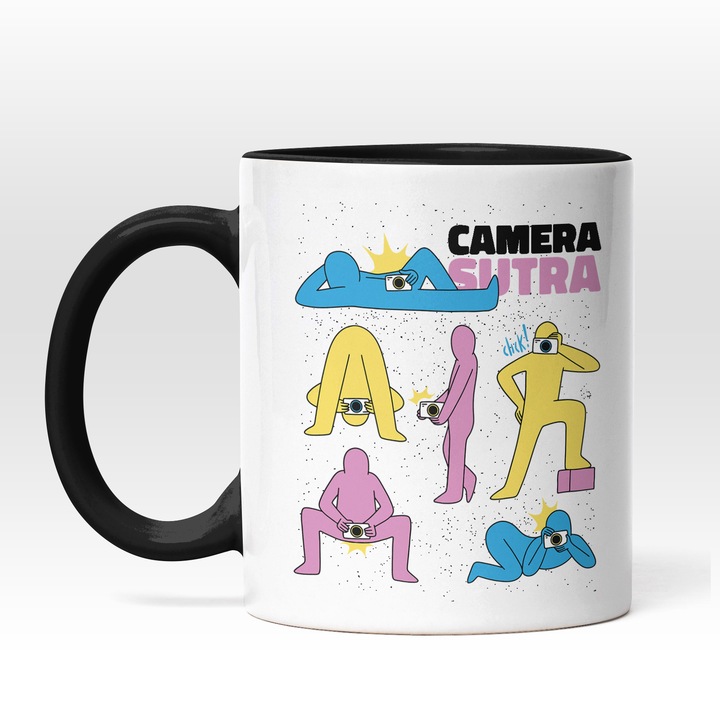 Cana Cu Mesajul Camera Sutra, Figurinte Cu Silete Umane Colorate In Diferite Pozitii Cu Aparate Foto, Text In Engleza, Paparazzi, Iubitorii De Poze, Multicolor, 330 ml, Maner Negru