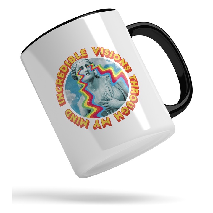 Cana Cu Mesajul Incredible Vision Through My Mind, Text In Engleza, Statuia Libertatii, Lacrimi Stil Curcubeu, 330 ml, Maner Negru