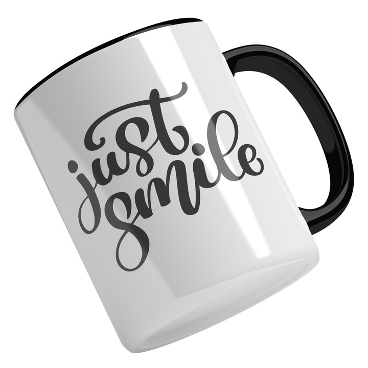 Cana Cu Mesaj Just Smile, Cadaou Persoanele Ce Au Trecut Prin Multe, Fericire, Negru, 330 ml, Maner Negru