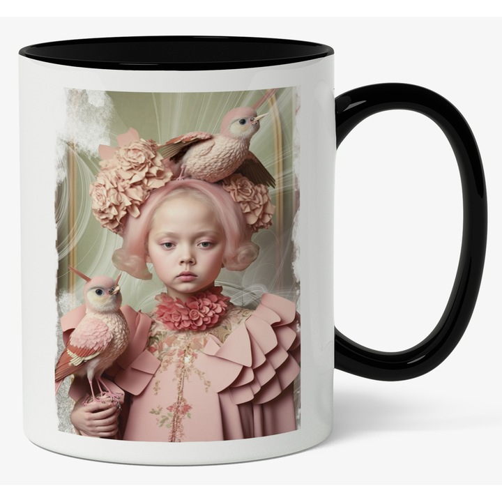 Cana Cu Portret Fata Mica, Pasari Bizare, Alba Ca Zapada, Tinuta Roz, Univers Interbelic, Multicolor, 330 ml, Maner Negru