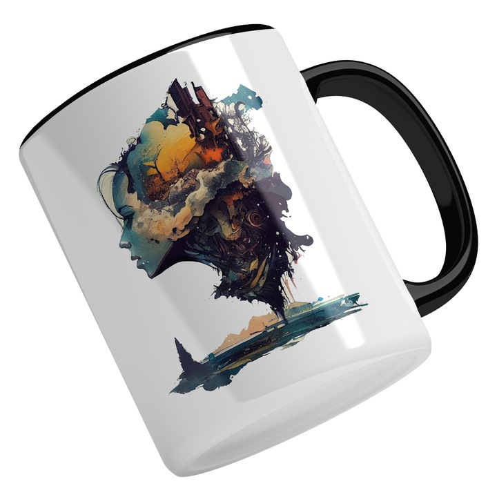 Cana Cu Pictura Abstract Chip Fata, Apa Stralucitoare, Lumea Poluata, Adevarul Omenirii, Negru, 330 ml, Maner Negru