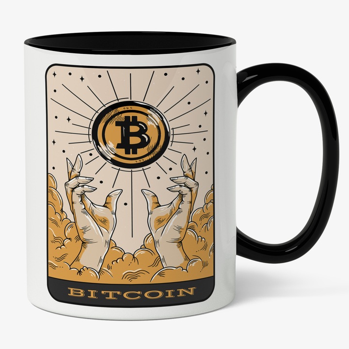 Cana Cu Carte Tarot Bitcoin, Moneda In Cer Maini, Iubitorii De Investitii, Moneda Virtuala, 330 ml, Maner Negru