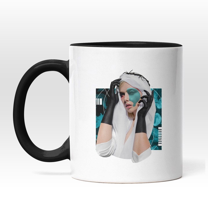 Cana Cu Portret Fata Bizara Cu Hjab, Manusii Negre, Pata De Vopsea De Vopsea Albastra Pe Ochii, Multicolor, 330 ml, Maner Negru