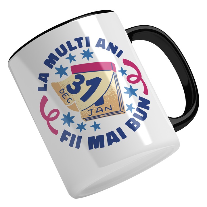 Cana Cu Mesaj La Multi Ani Fii Bun, Revelion, Nou Inceput, Traditii, Anul Nou, Negru, Investitii, Multicolor, 330 ml, Maner Negru