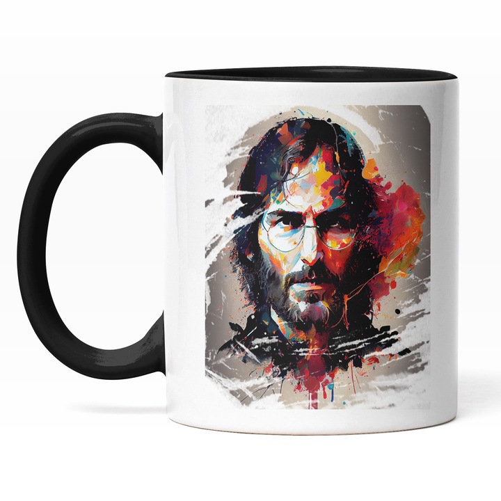 Cana Cu Portret Steave Jobs Tanar, Par Lung Brunet, Ochelari Rotunzi, Minti Stralucite, Multicolor 330 ml, Maner Negru