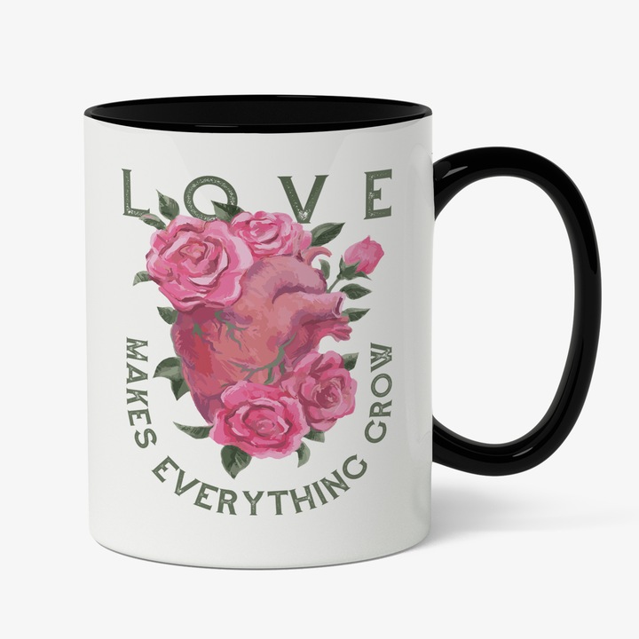 Cana Cu Mesajul Love Makes Evrething Grow, Inima Inconjurata De Flori, Text In Engleza Personalizat, 330 ml, Maner Negru