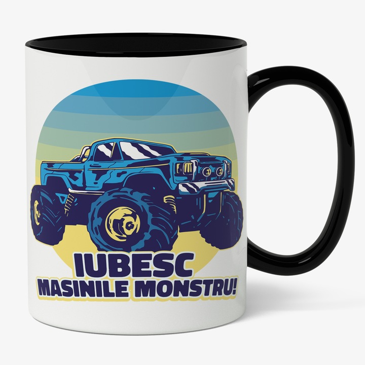 Cana Cu Mesaj Iubesc Masinile Monstru, Drumetie, Big Car, Albastru Galben, Barbati, 330 ml, Maner Negru