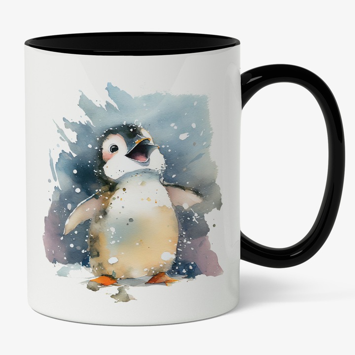 Cana Cu Pui De Pinguin Fericit In Fulgii De Zapada, Animal Dragalas, Desene Animate, Iubitorii De Animale, Multicolor, 330 ml, Maner Negru