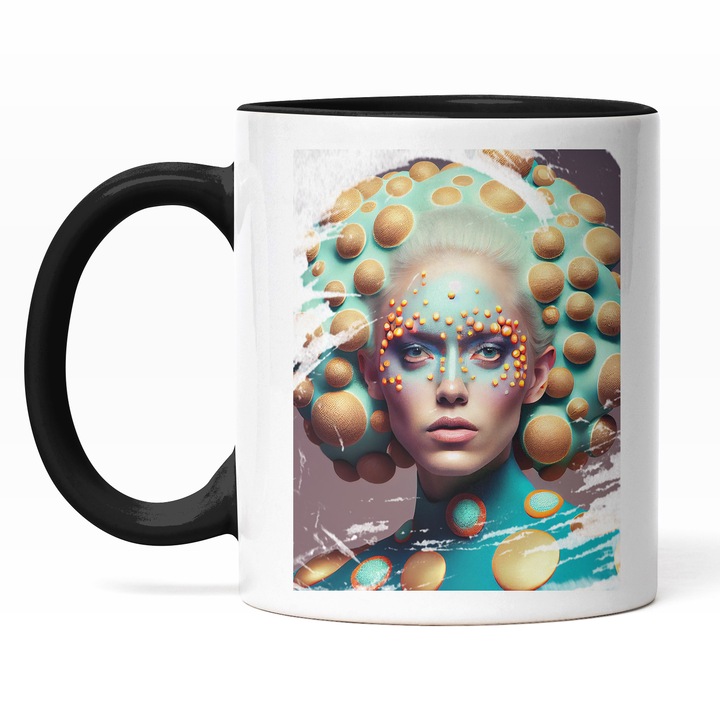 Cana Cu Portret Regina Carnavalului, Tinuta Bizara, Palarie Albastra, Make Up Albastru Cu Margele Galbene, Multicolor 330 ml, Maner Negru