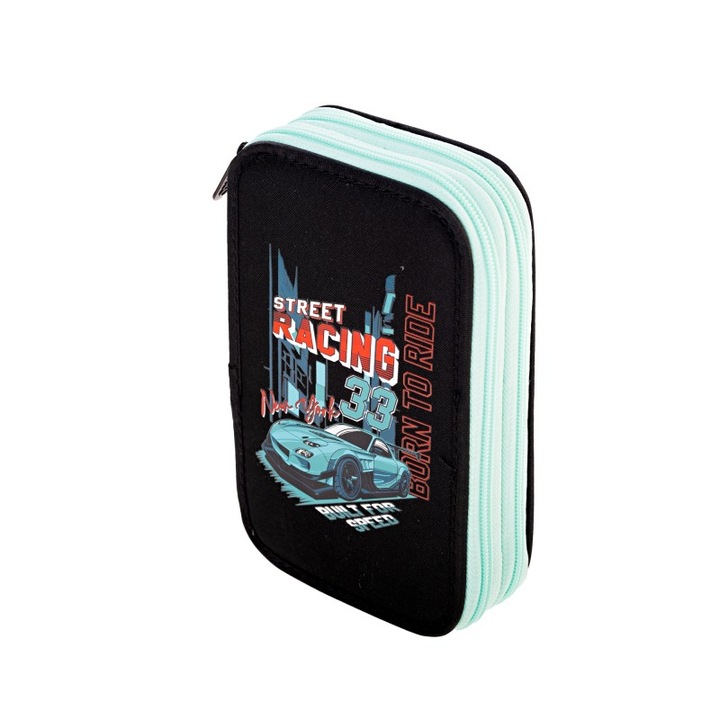 Penar Echipat Daco cu 2 Fermoare, Model Born To Ride, Dimensiuni 19.5x13x5.5 cm, Material Poliester, Culoare Negru