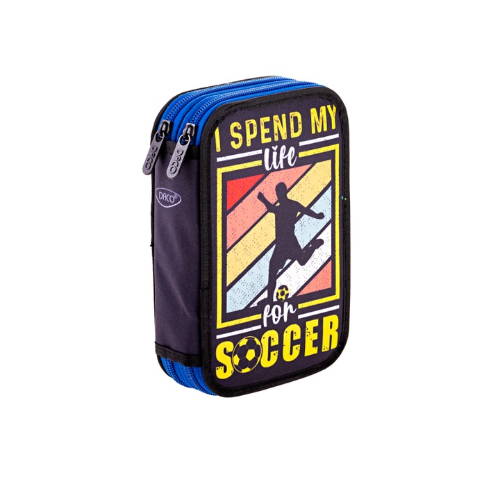 Penar Neechipat Daco cu 2 Fermoare, Model I Spend My Life For Soccer, Dimensiuni 19.5x13x5 cm, Material Poliester, Culoare Negru/Albastru