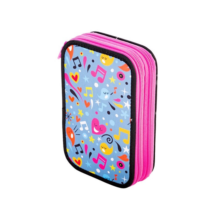 Daco felszerelt ceruza 2 cipzárral, modell Love Music, méret 19.5x13x5 cm, anyag poliészter, szín rózsaszín/kék
