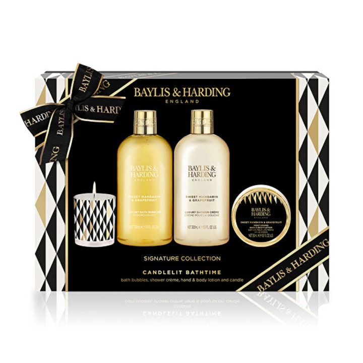 Set cosmetice pentru baie cu lumanare parfumata, Baylis & Harding Candlelit Bathtime Sweet mandarin & Grapefruit 650ml